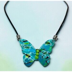 Handmade Bright Blue & Green Polymer Clay Large Butterfly Pendant Necklace SS